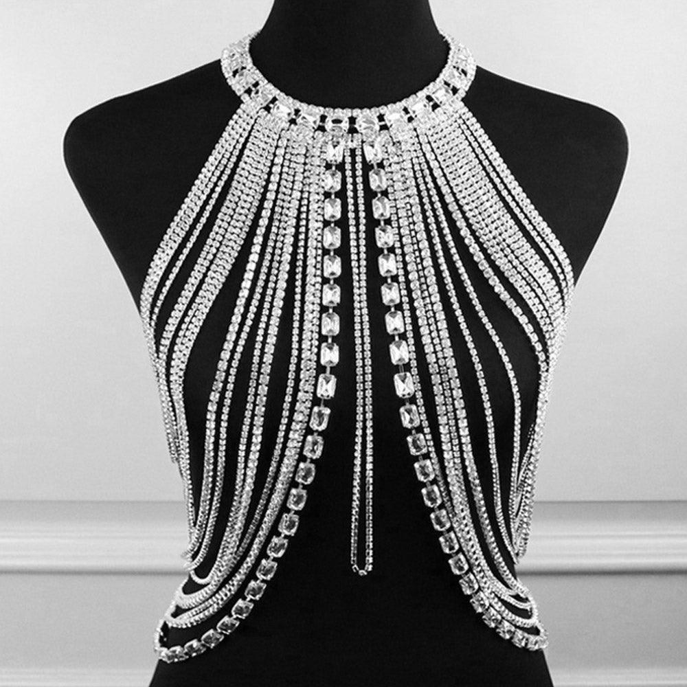 Silver Emerald Cut Rhinestone Cluster Pointed Rhinestone Paved Fringe Wrapped Body Chain Necklace - Jewelry Store by Erik Rayo