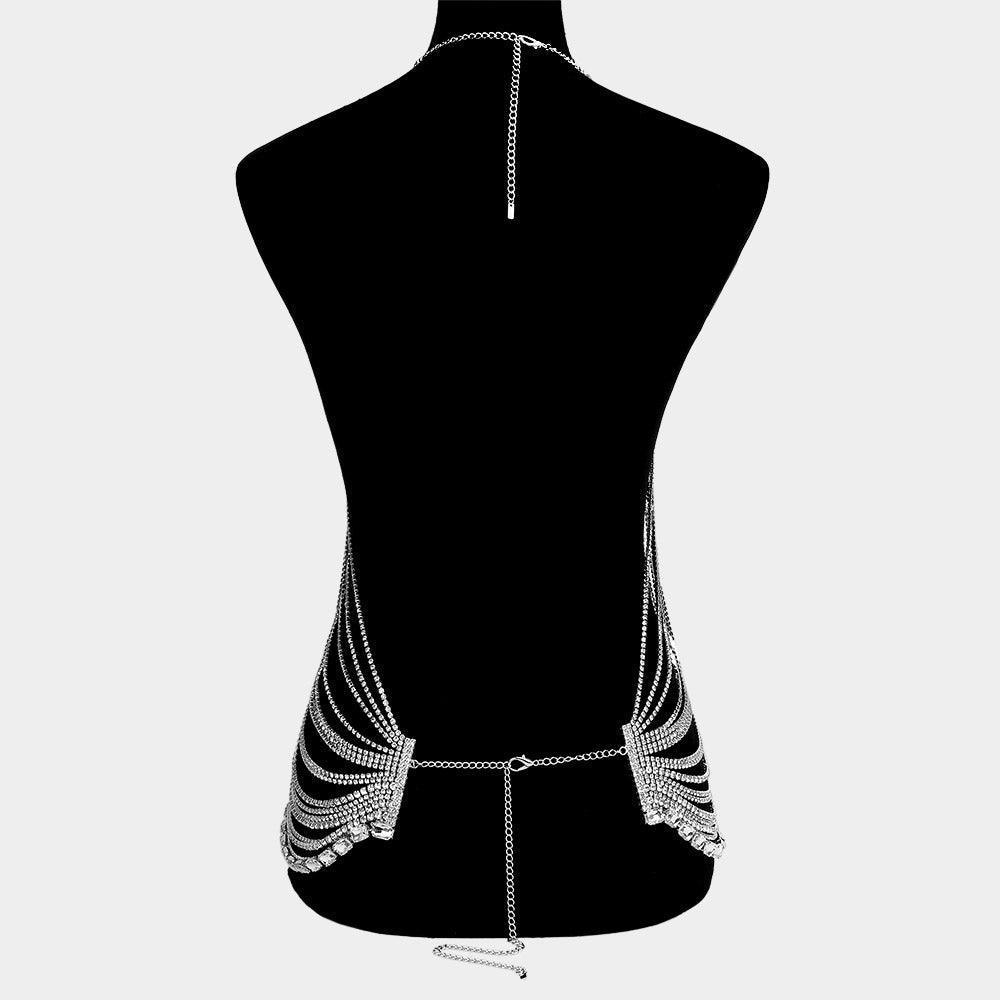 Silver Emerald Cut Rhinestone Cluster Pointed Rhinestone Paved Fringe Wrapped Body Chain Necklace - Jewelry Store by Erik Rayo