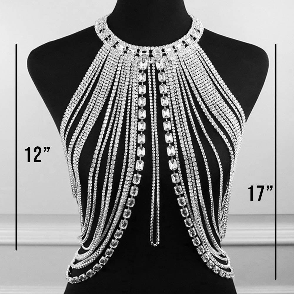 Silver Emerald Cut Rhinestone Cluster Pointed Rhinestone Paved Fringe Wrapped Body Chain Necklace - Jewelry Store by Erik Rayo