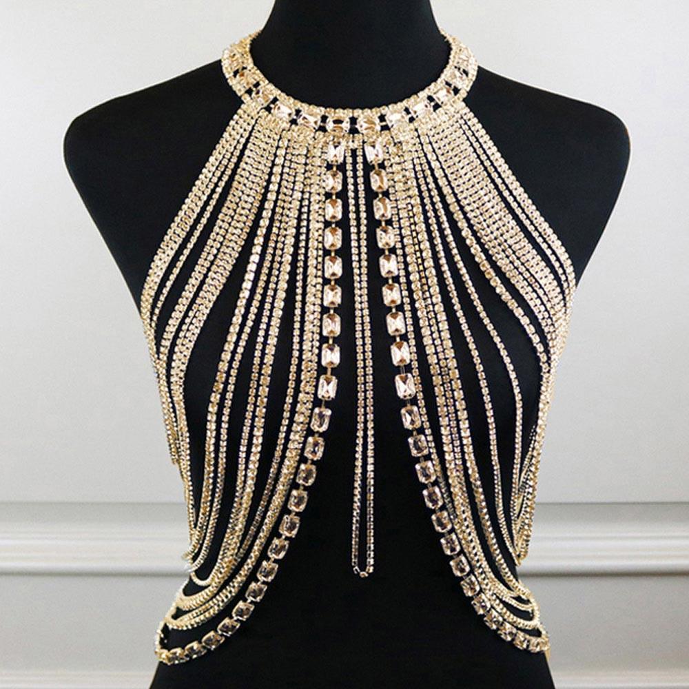 Gold Emerald Cut Rhinestone Cluster Pointed Rhinestone Paved Fringe Wrapped Body Chain Necklace - Jewelry Store by Erik Rayo