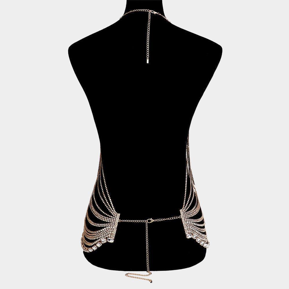 Gold Emerald Cut Rhinestone Cluster Pointed Rhinestone Paved Fringe Wrapped Body Chain Necklace - Jewelry Store by Erik Rayo