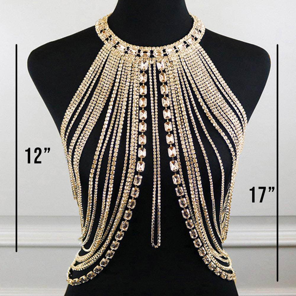 Gold Emerald Cut Rhinestone Cluster Pointed Rhinestone Paved Fringe Wrapped Body Chain Necklace - Jewelry Store by Erik Rayo
