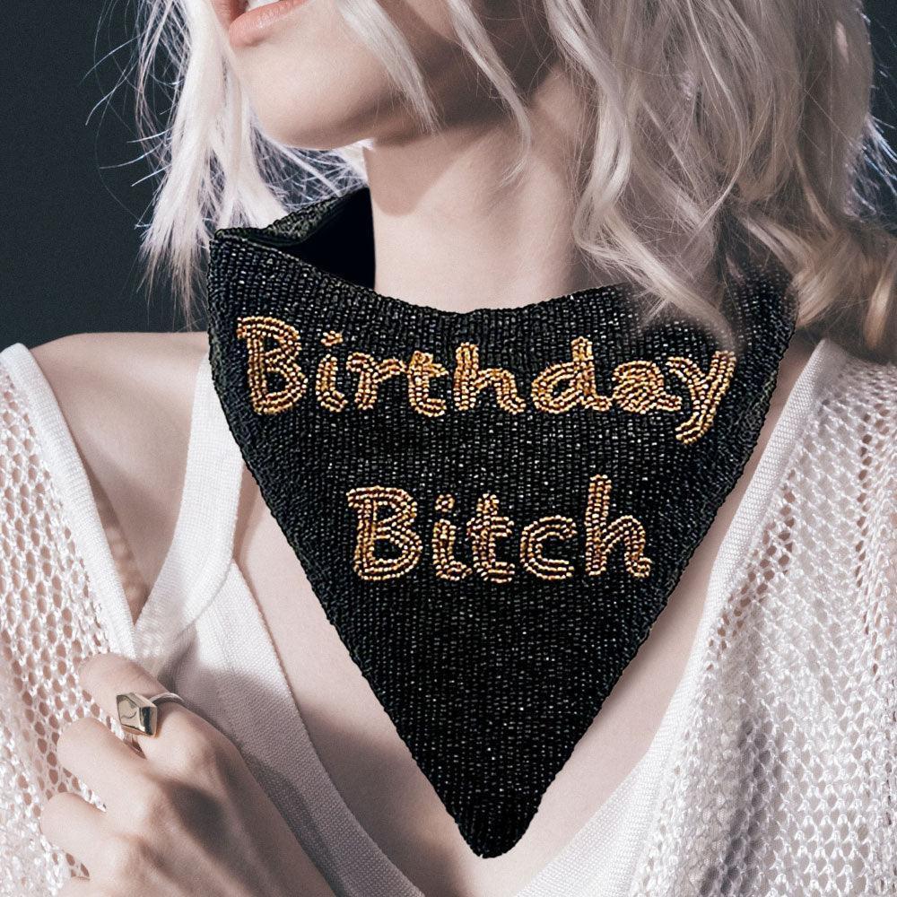 Black Birthday Bitch Message Seed Beaded Collar Necklace - Jewelry Store by Erik Rayo
