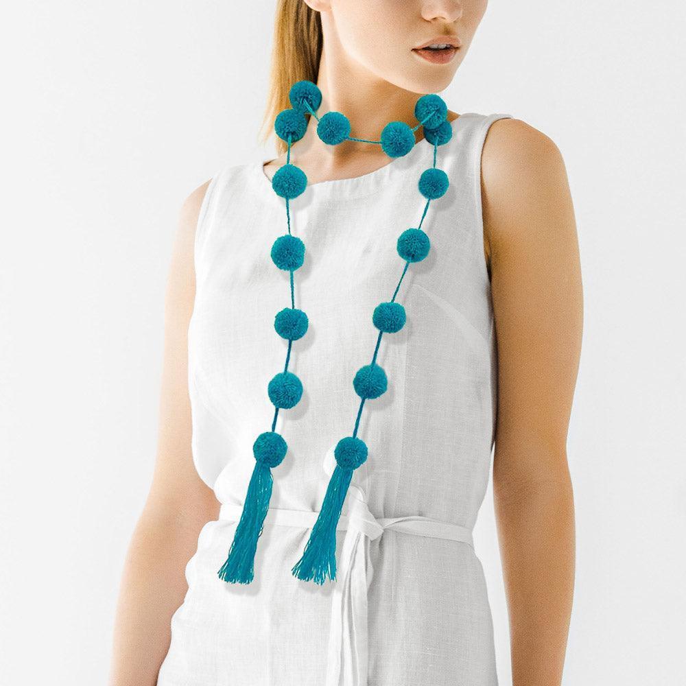 Turquoise Pom Pom Station Tassel Long Necklace - Jewelry Store by Erik Rayo
