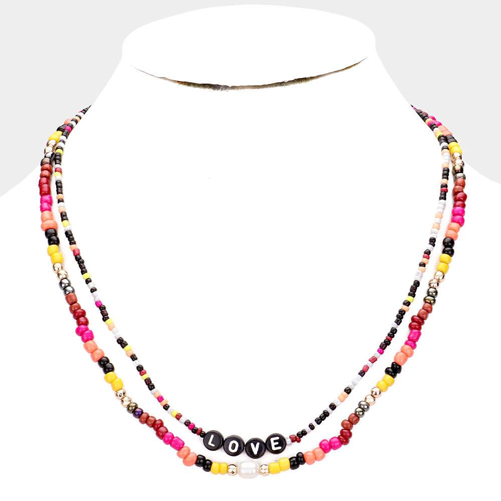 Gold Multi Color Bead Statement Love Layered Necklace