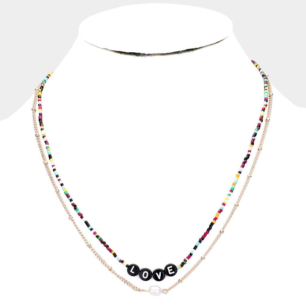 Gold Multi Color Bead Statement Love Pearl Layered Necklace