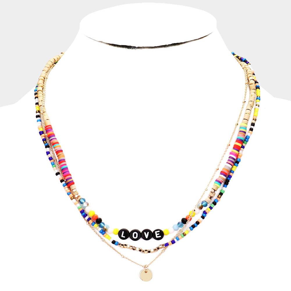 Gold 
Multi Color Bead Statement Love Layered Necklace