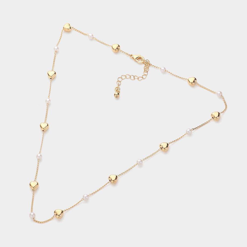 Cream Metal Heart Pearl Bead Station Necklace - Jewelry Store by Erik Rayo