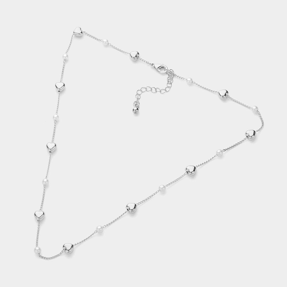 Cream Metal Heart Pearl Bead Station Necklace - Jewelry Store by Erik Rayo