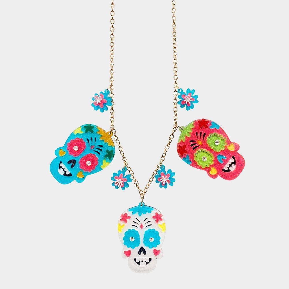 White Flower Skull Head Charm Necklace - Jewelry Store by Erik Rayo