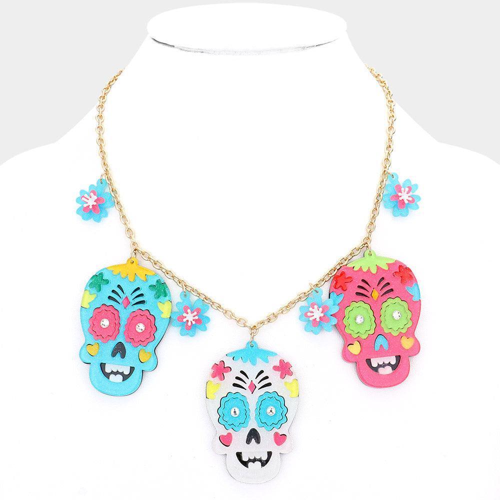 White Flower Skull Head Charm Necklace - Jewelry Store by Erik Rayo