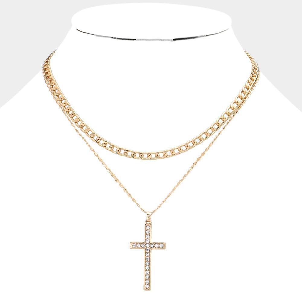 Gold Gold Dipped Stone Paved Cross Pendant Cuban Chain Layered Necklace - Jewelry Store by Erik Rayo
