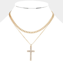 Load image into Gallery viewer, Gold Gold Dipped Stone Paved Cross Pendant Cuban Chain Layered Necklace
