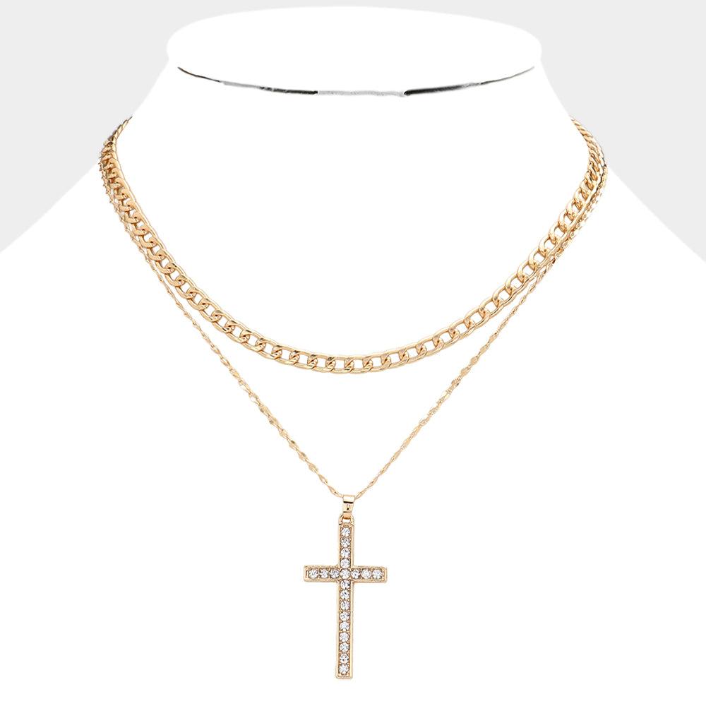 Gold Gold Dipped Stone Paved Cross Pendant Cuban Chain Layered Necklace