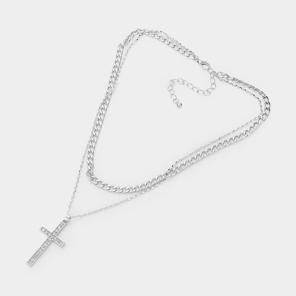 Silver Dipped Stone Paved Cross Pendant Cuban Chain Layered Necklace - Jewelry Store by Erik Rayo
