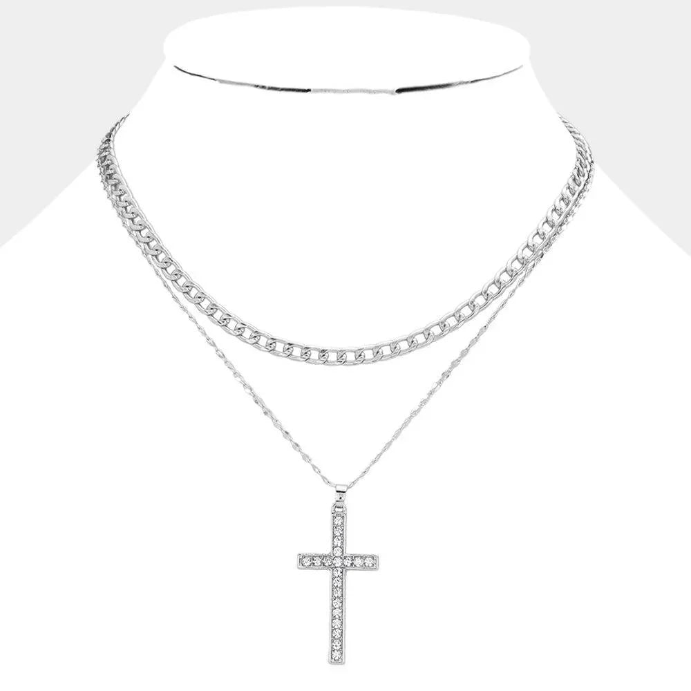 Silver Dipped Stone Paved Cross Pendant Cuban Chain Layered Necklace - Jewelry Store by Erik Rayo