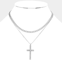 Load image into Gallery viewer, Silver Dipped Stone Paved Cross Pendant Cuban Chain Layered Necklace
