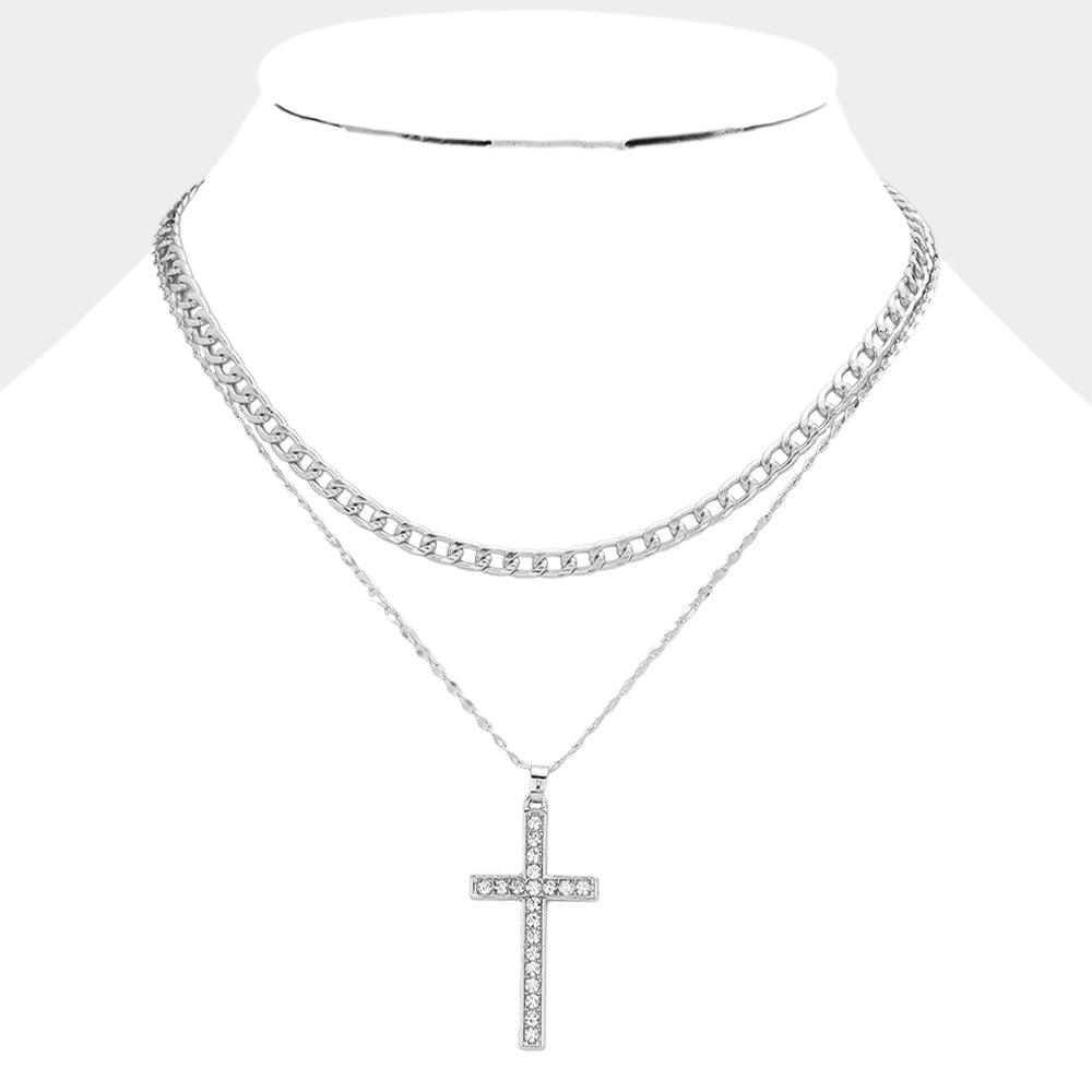 Silver Dipped Stone Paved Cross Pendant Cuban Chain Layered Necklace