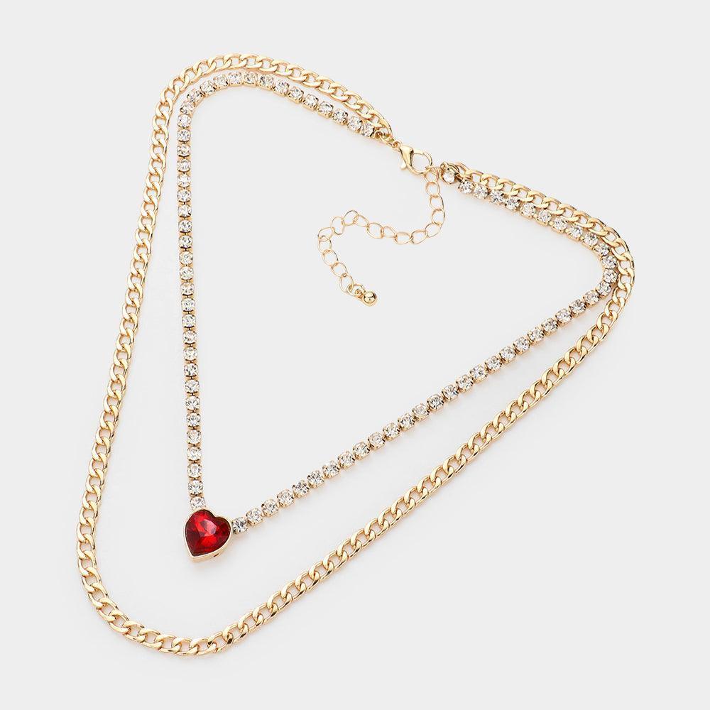 Red Gold Dipped Red Heart Pendant Cuban Chain Layered Necklace - Jewelry Store by Erik Rayo