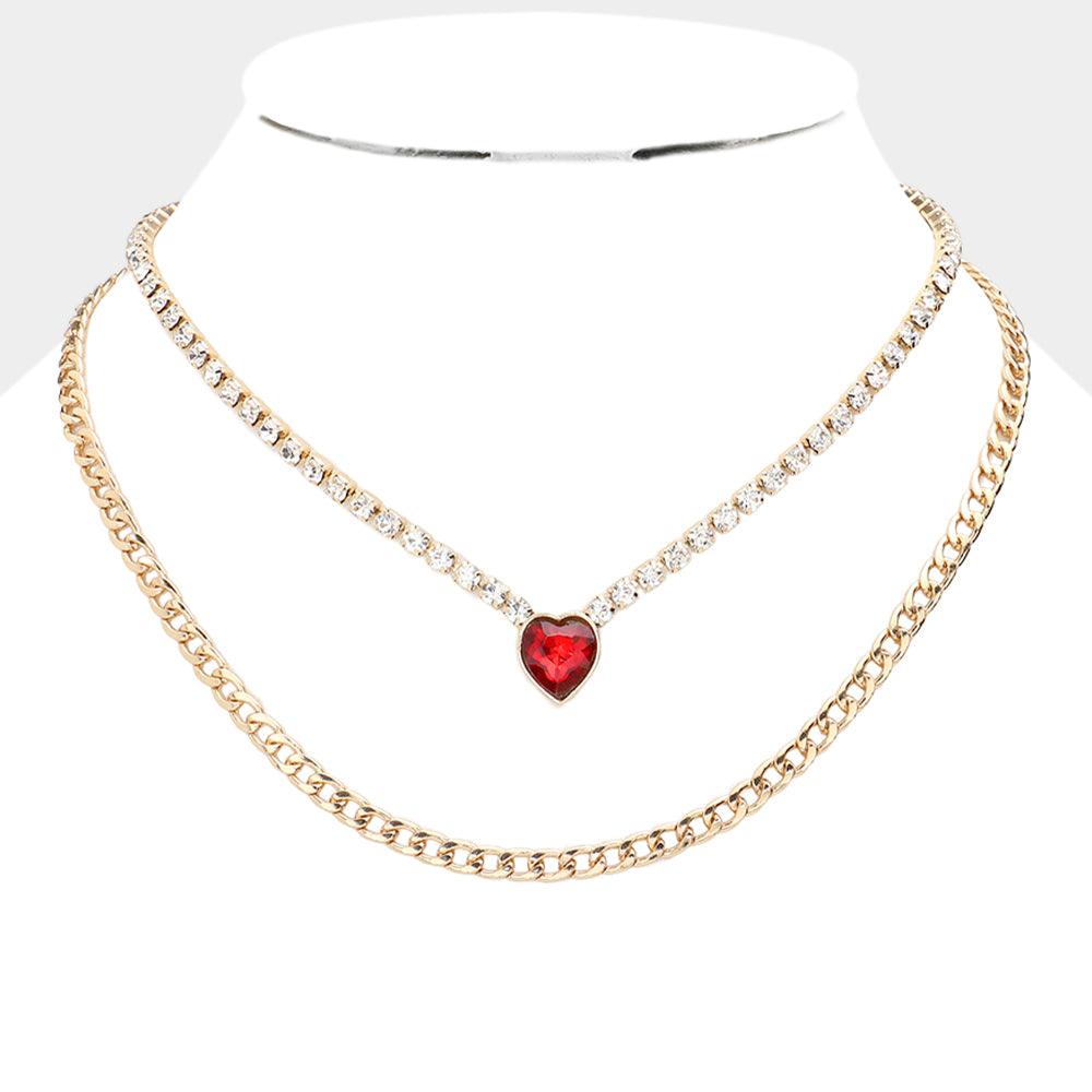 Red Gold Dipped Red Heart Pendant Cuban Chain Layered Necklace