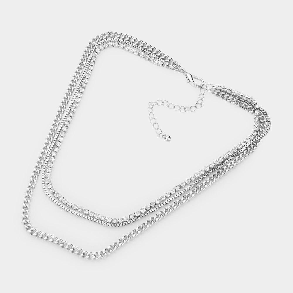 Silver Dipped Rhinestone Metal Chain Layered Necklace - Jewelry Store by Erik Rayo