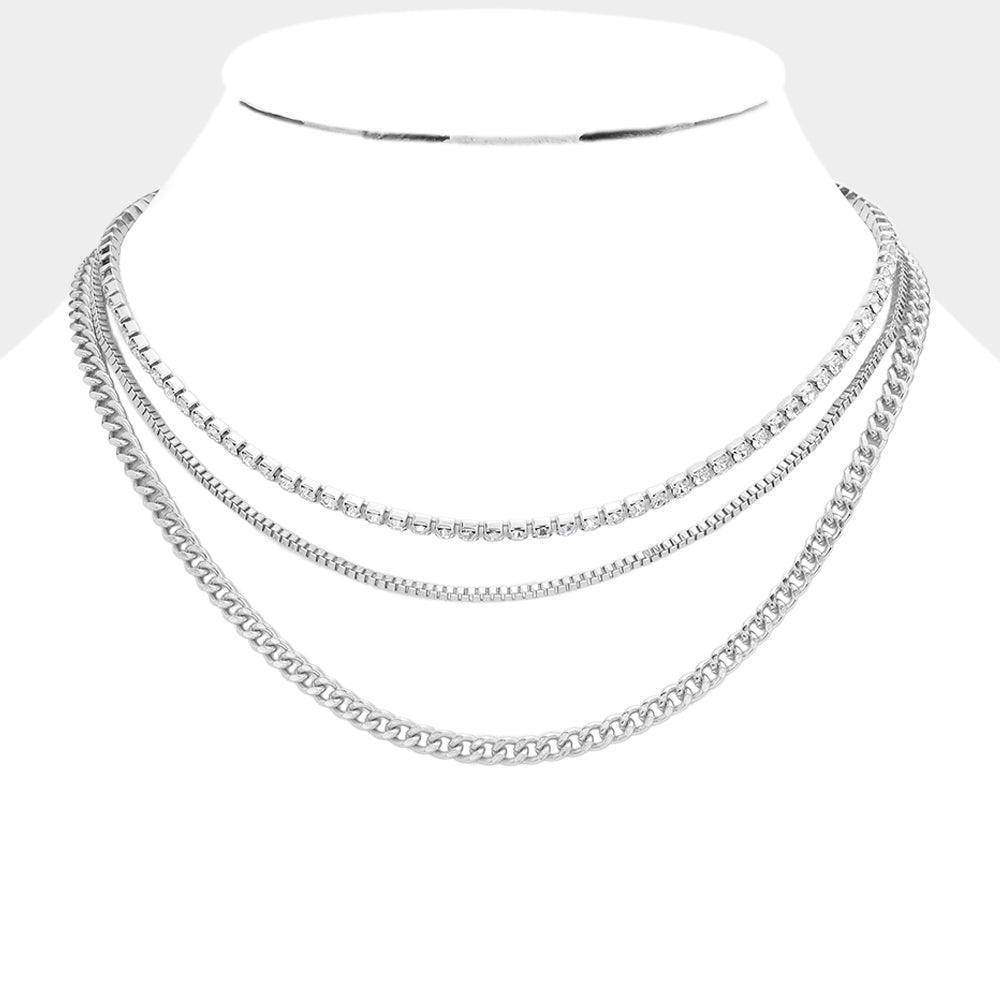 Silver Dipped Rhinestone Metal Chain Layered Necklace - Jewelry Store by Erik Rayo