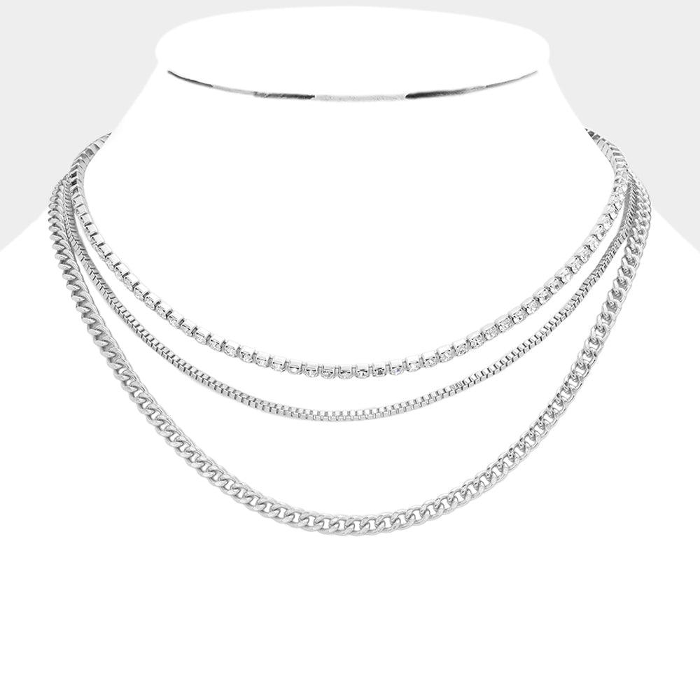 Silver Dipped Rhinestone Metal Chain Layered Necklace