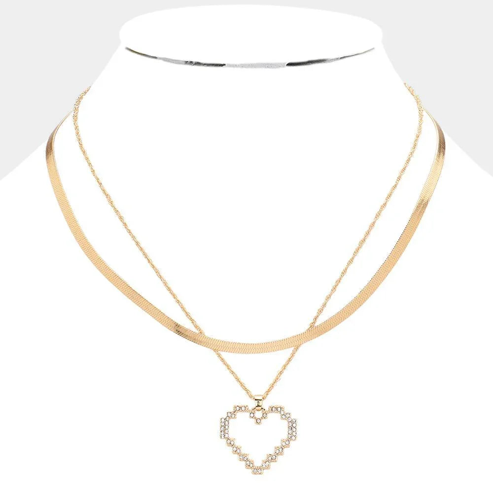 Gold Gold Dipped Stone Paved Open Heart Pendant Snake Chain Layered Necklace - Jewelry Store by Erik Rayo