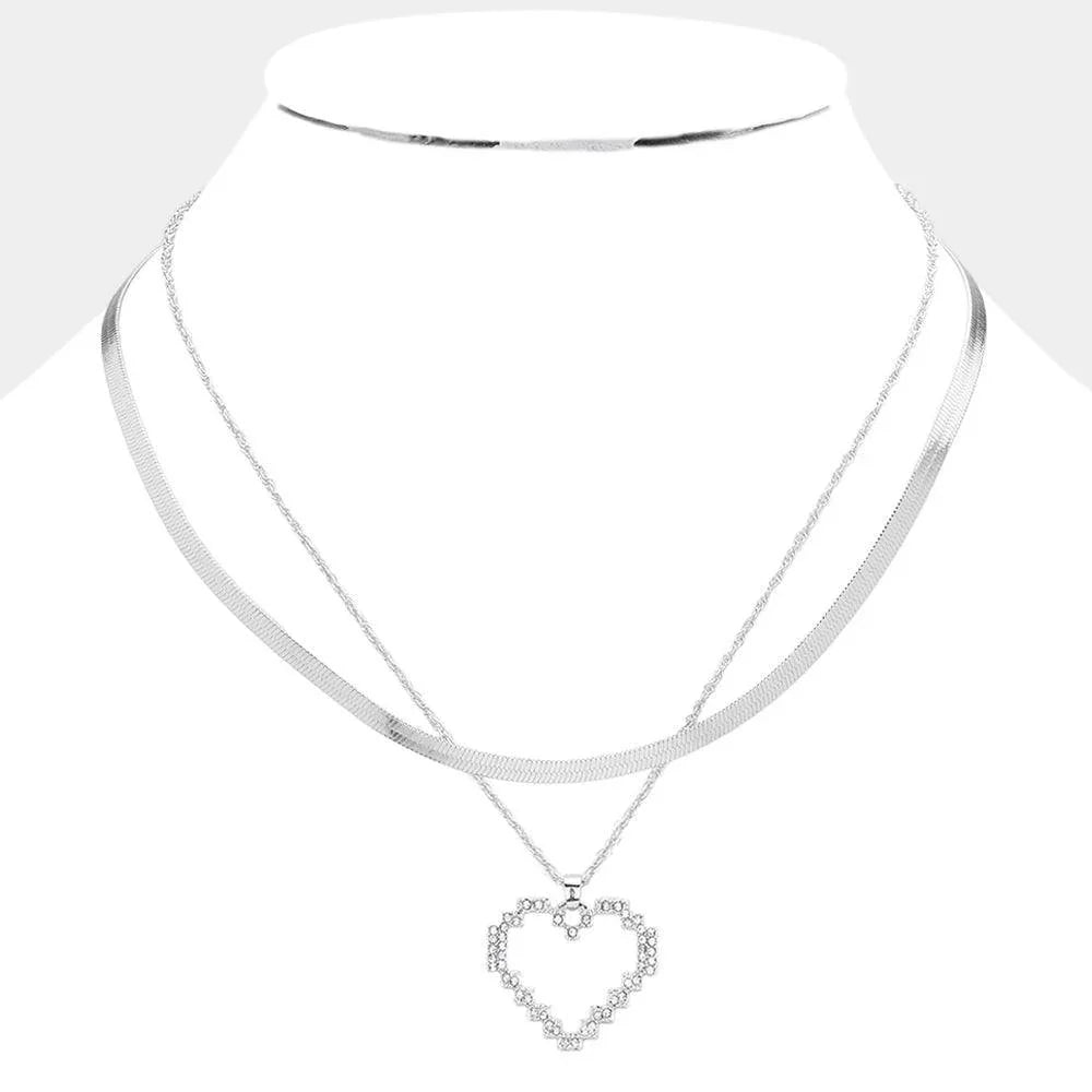 Silver Dipped Stone Paved Open Heart Pendant Snake Chain Layered Necklace - Jewelry Store by Erik Rayo