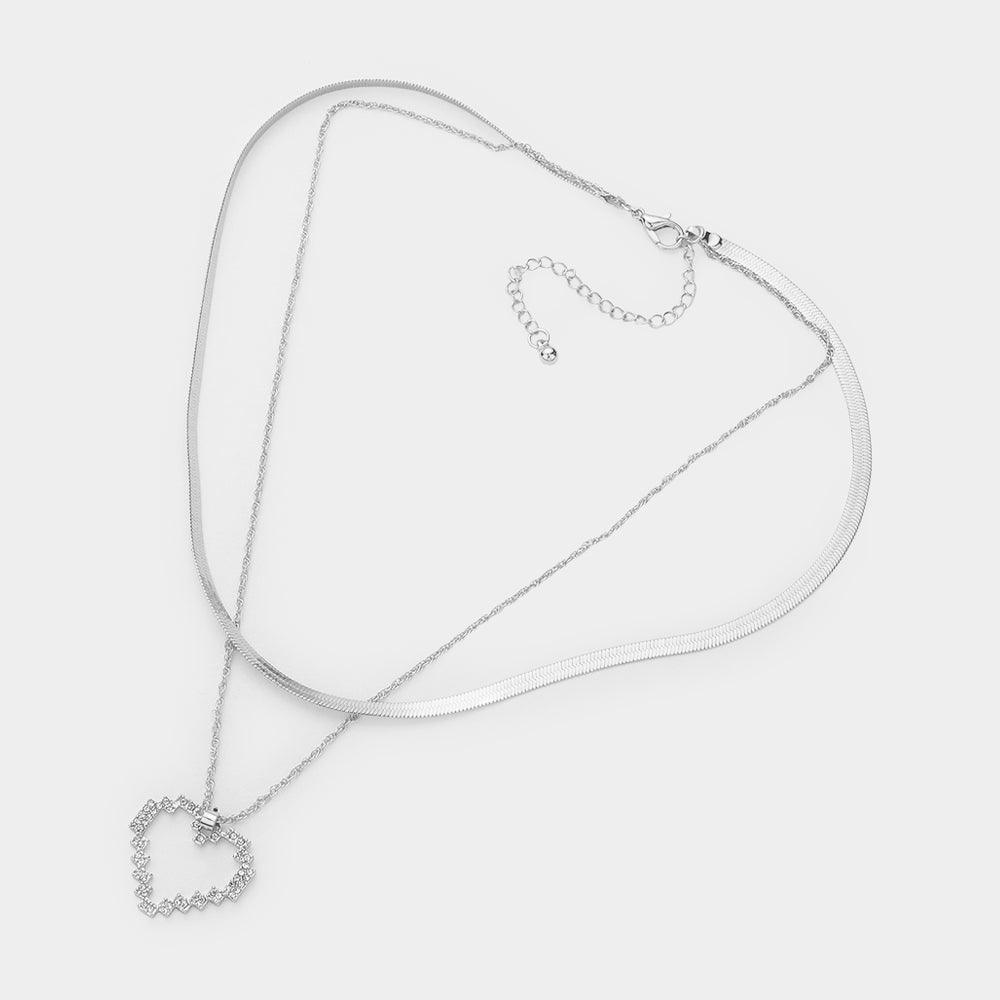 Silver Dipped Stone Paved Open Heart Pendant Snake Chain Layered Necklace - Jewelry Store by Erik Rayo