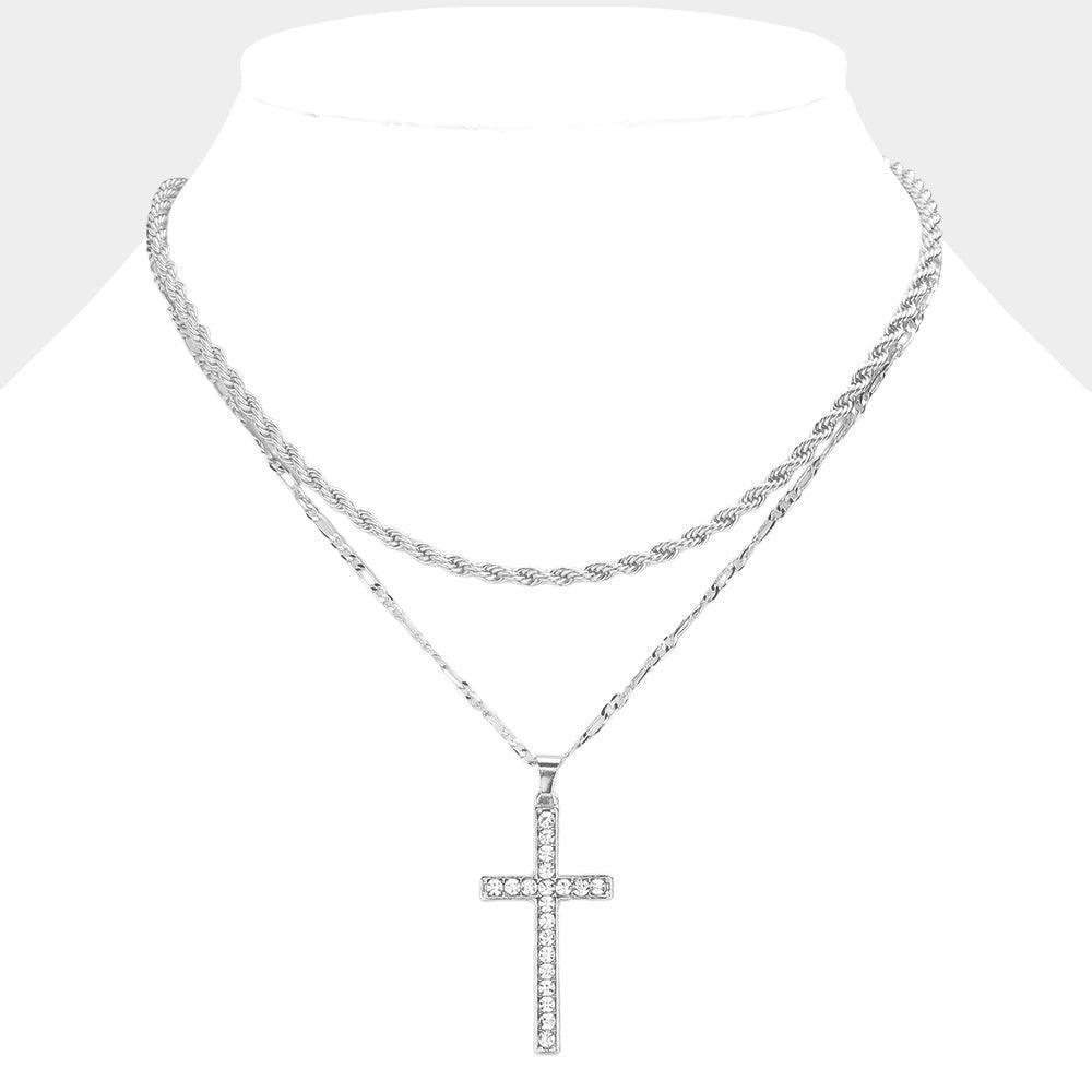 Stone Paved Cross Pendant Double Layered Necklace - Jewelry Store by Erik Rayo