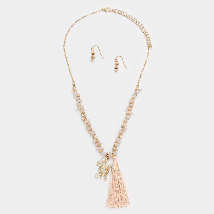 Peach Thread tassel & turtle charm natural stone beaded necklace - Jewelry Store by Erik Rayo