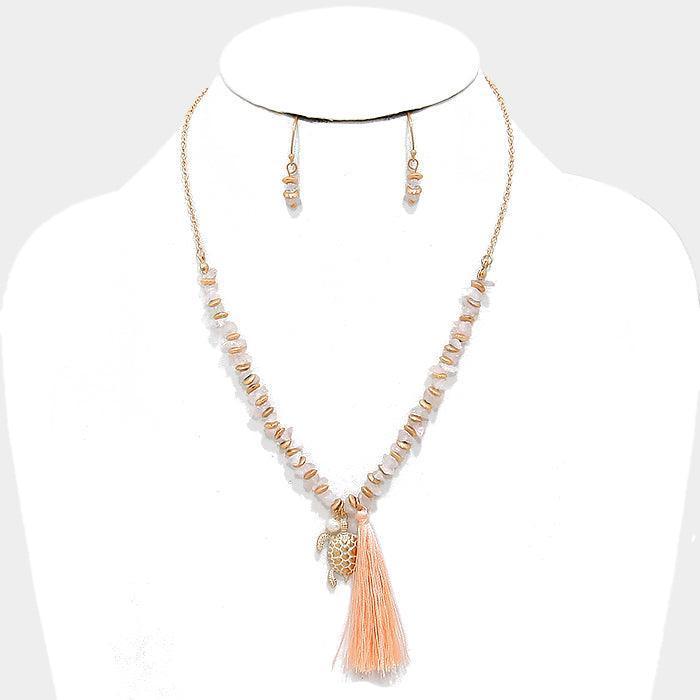 Peach Thread tassel & turtle charm natural stone beaded necklace - Jewelry Store by Erik Rayo