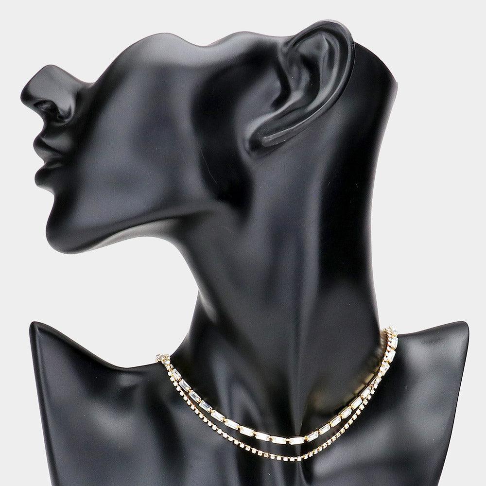 Gold Rhinestone Rectangle Stone Double Layered Necklace - Jewelry Store by Erik Rayo