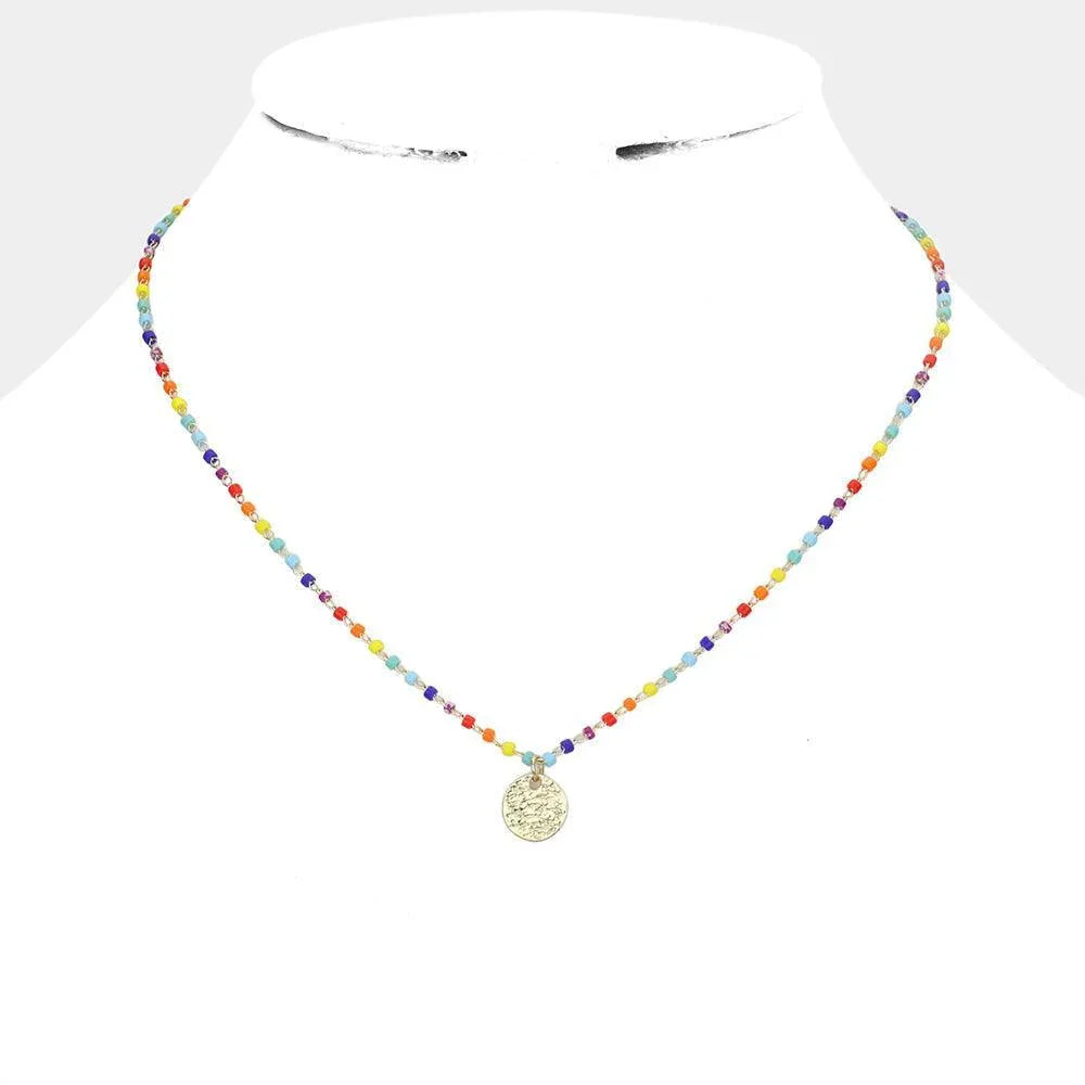 Textured Metal Disc Pendant Tiny Bead Link Necklace - Jewelry Store by Erik Rayo
