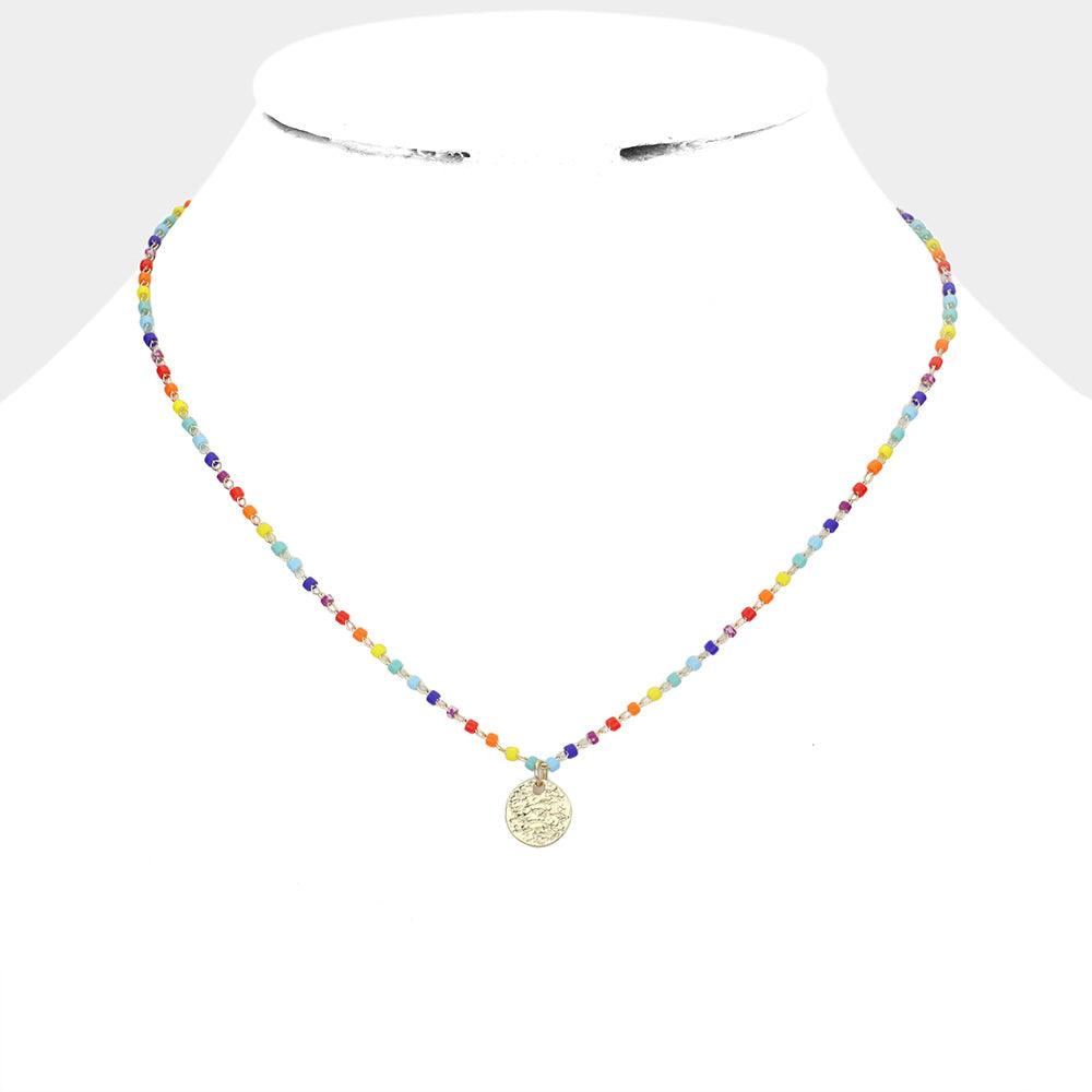 Textured Metal Disc Pendant Tiny Bead Link Necklace