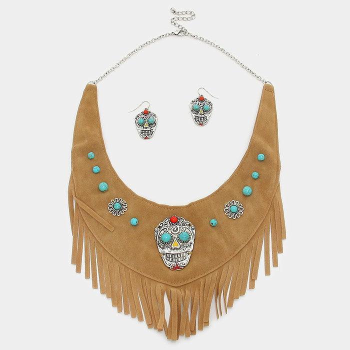 Silver Day of the Dead Mexican Sugar Skull Suede Fringe Bib Necklace - Jewelry Store by Erik Rayo