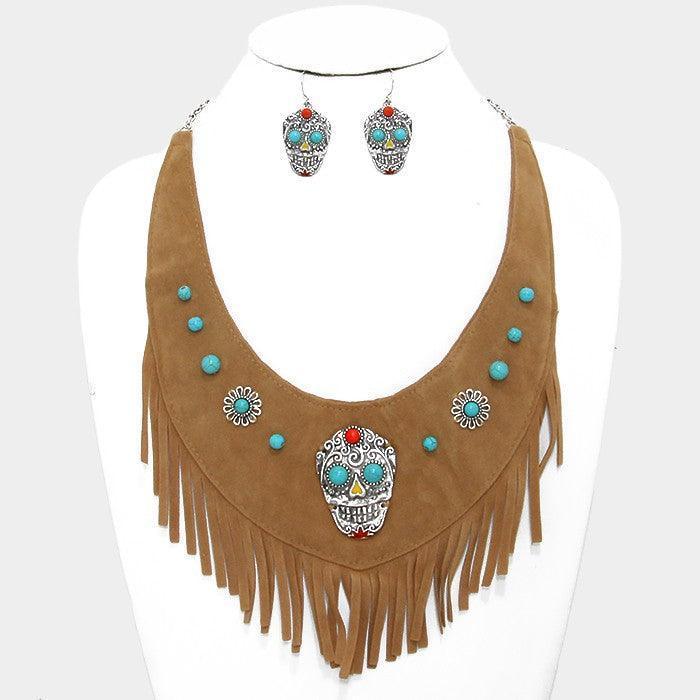 Silver Day of the Dead Mexican Sugar Skull Suede Fringe Bib Necklace - Jewelry Store by Erik Rayo