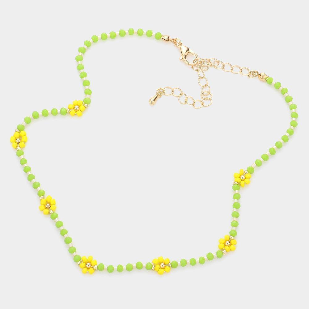 Yellow Beaded Flower Station Choker Necklace - Jewelry Store by Erik Rayo