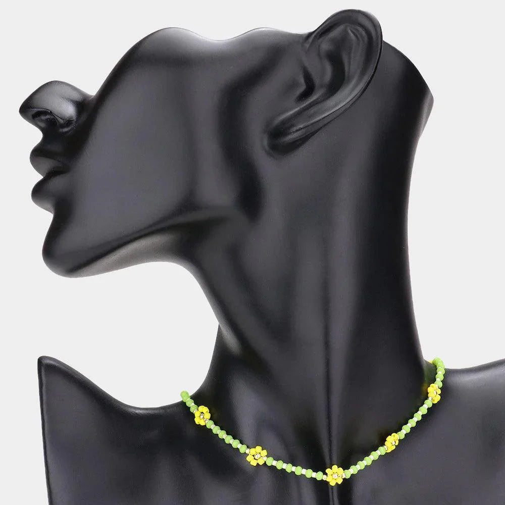 Yellow Beaded Flower Station Choker Necklace - Jewelry Store by Erik Rayo