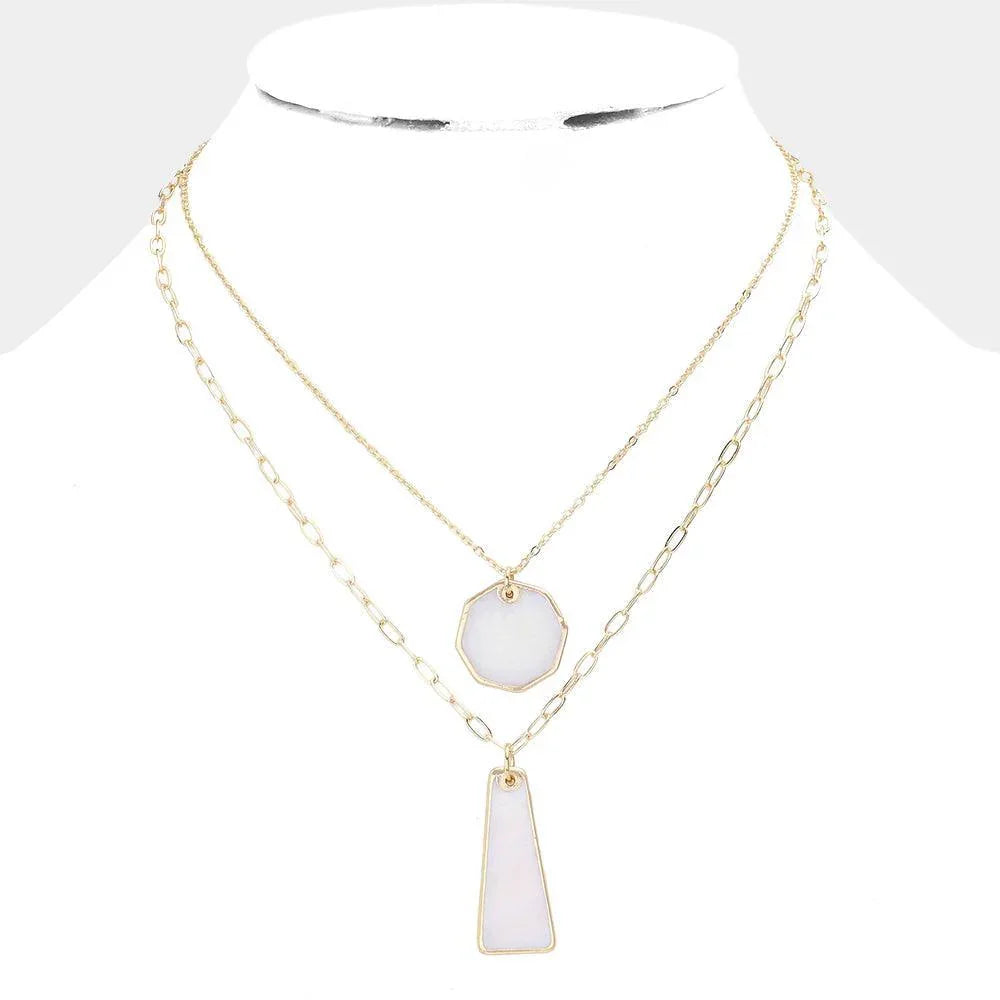Gold Mother Of Pearl Hexagon Pillar Pendant Double Layered Necklace - Jewelry Store by Erik Rayo
