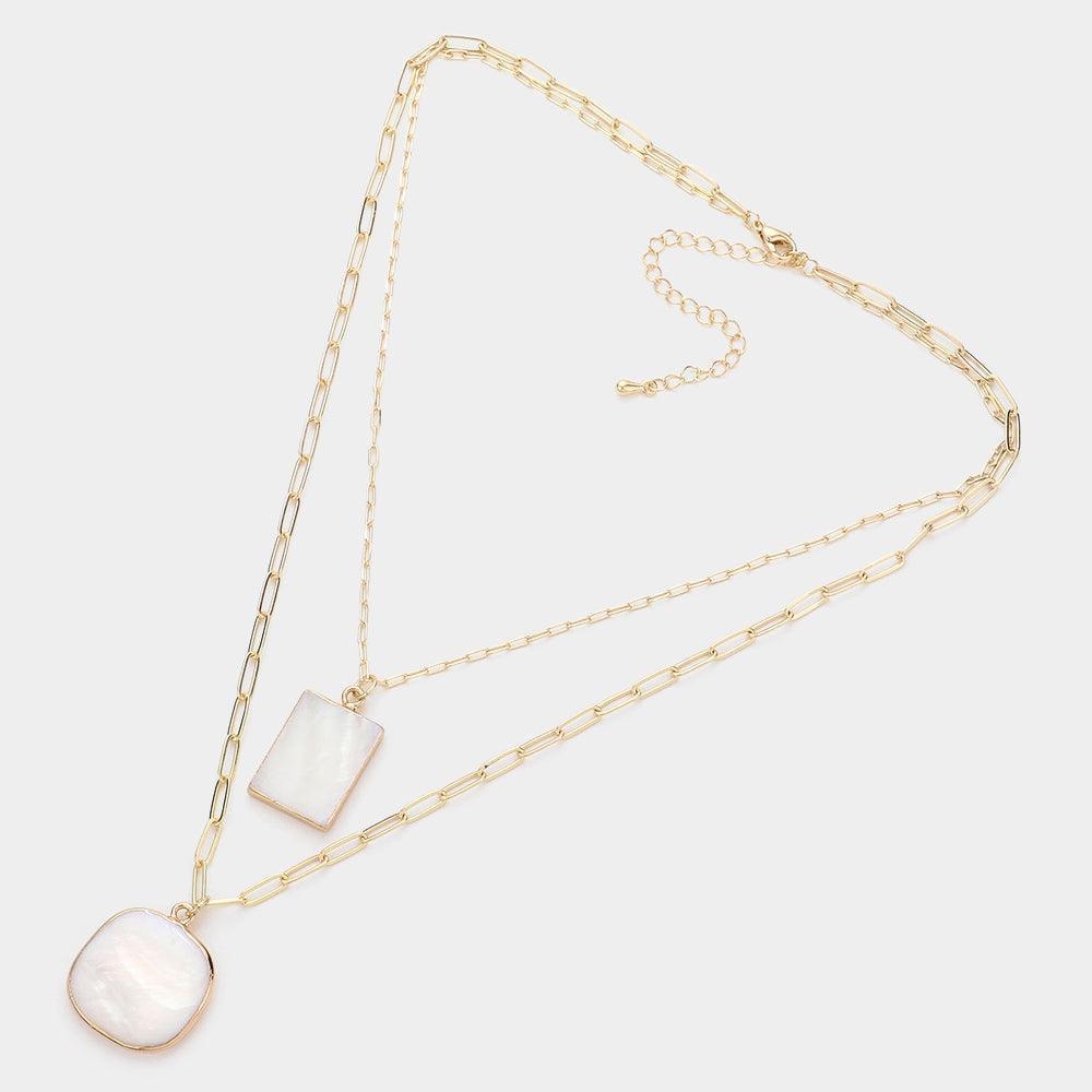 Gold Mother Of Pearl Rectangle Round Pendant Double Layered Necklace - Jewelry Store by Erik Rayo