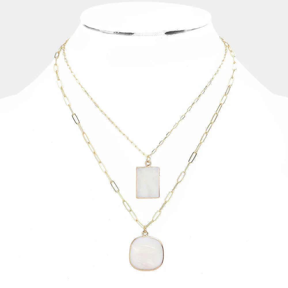 Gold Mother Of Pearl Rectangle Round Pendant Double Layered Necklace - Jewelry Store by Erik Rayo