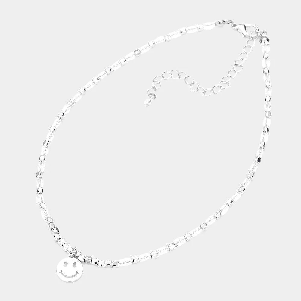 Metal Smile Pendant Faceted Rectangle Beaded Necklace - Jewelry Store by Erik Rayo