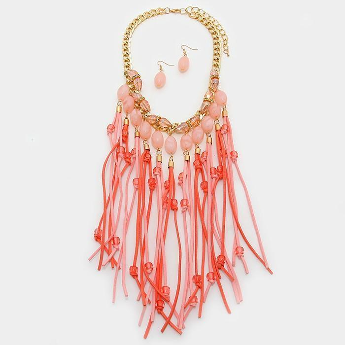 Peach Faux Suede Fringe & Marble Bead Bib Necklace - Jewelry Store by Erik Rayo