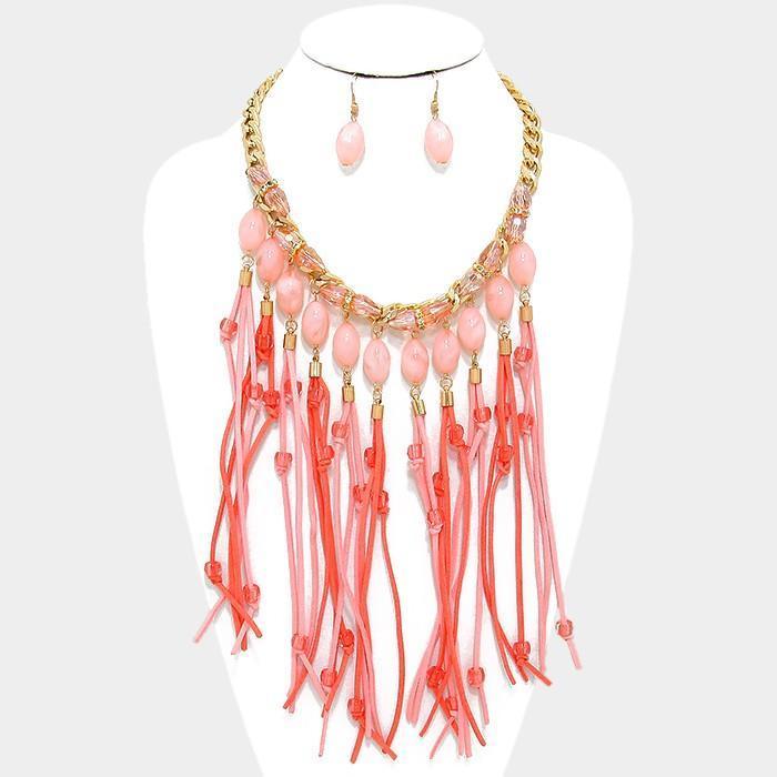 Peach Faux Suede Fringe & Marble Bead Bib Necklace - Jewelry Store by Erik Rayo