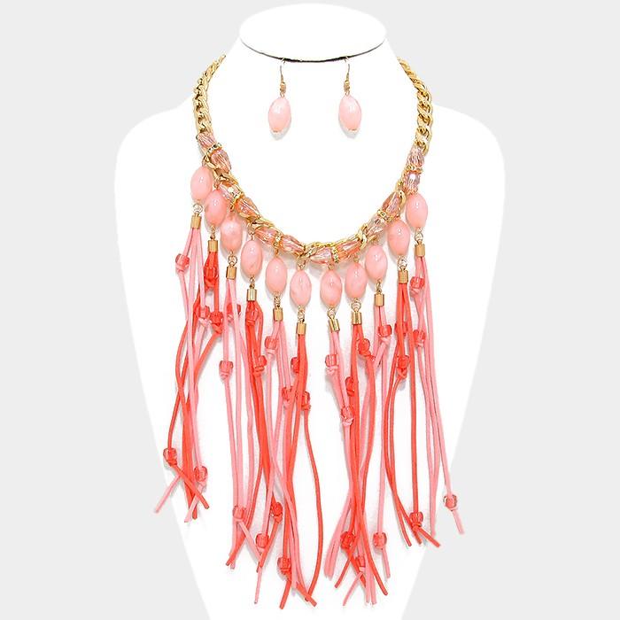 Peach Faux Suede Fringe & Marble Bead Bib Necklace