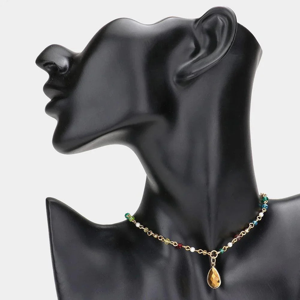 Gold Crystal Bead Pearl Link Teardrop Glass Crystal Pendant Necklace - Jewelry Store by Erik Rayo