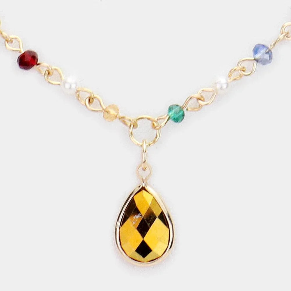 Gold Crystal Bead Pearl Link Teardrop Glass Crystal Pendant Necklace - Jewelry Store by Erik Rayo