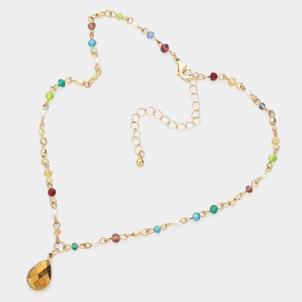 Gold Crystal Bead Pearl Link Teardrop Glass Crystal Pendant Necklace - Jewelry Store by Erik Rayo
